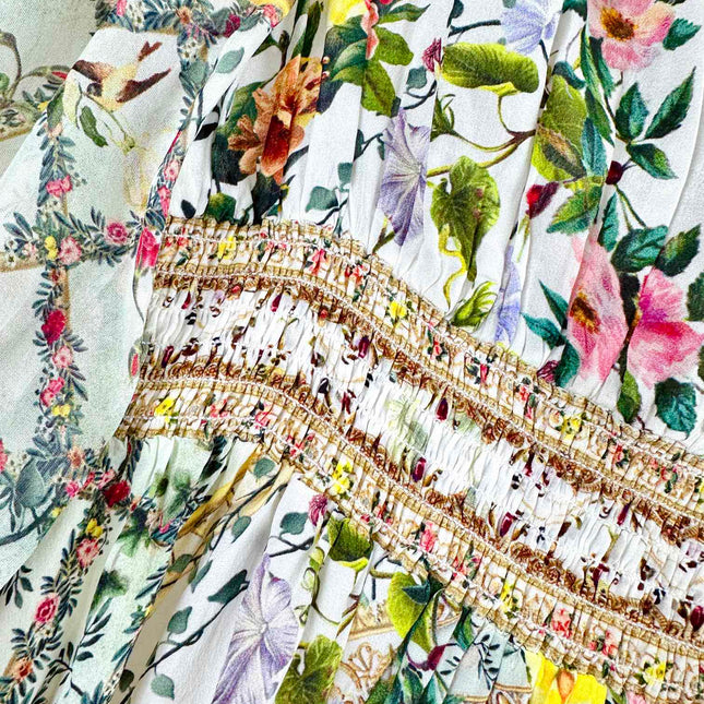 V-NECK LAYERED SILK PRINT MAXI DRESS