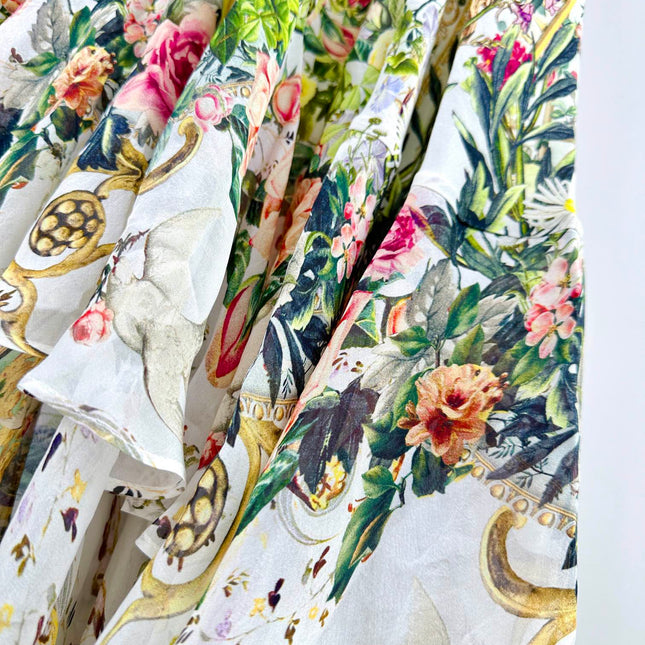 V-NECK LAYERED SILK PRINT MAXI DRESS