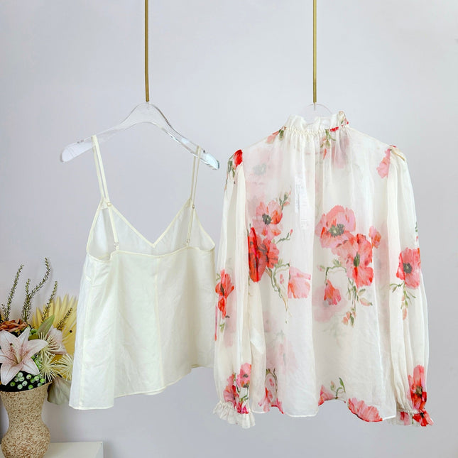 LONG-SLEEVE FLORAL PRINT CHIFFON TOP