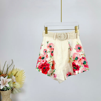 FLORAL PRINTED PLEATED BELTED SHORTS
