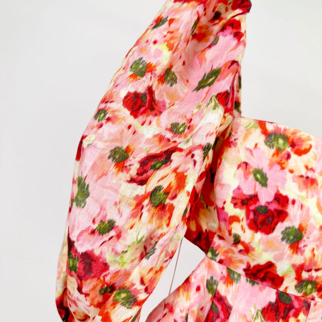 PUFF SLEEVE MINI DRESS 25S RED IN LINEN 266363