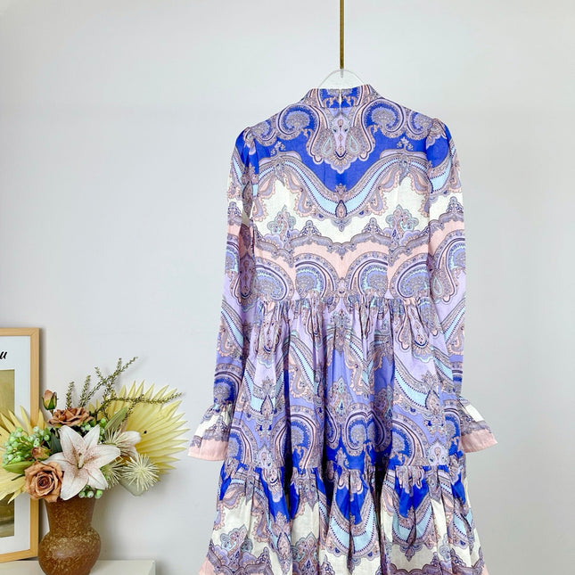 HIGH-NECK LONG-SLEEVE PRINTED DRESS IN PURPLE AND YELLOW