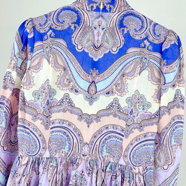 HIGH-NECK LONG-SLEEVE PRINTED DRESS IN PURPLE AND YELLOW