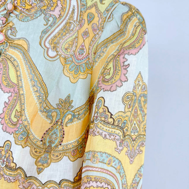 HIGH-NECK LONG-SLEEVE PRINTED DRESS IN PURPLE AND YELLOW