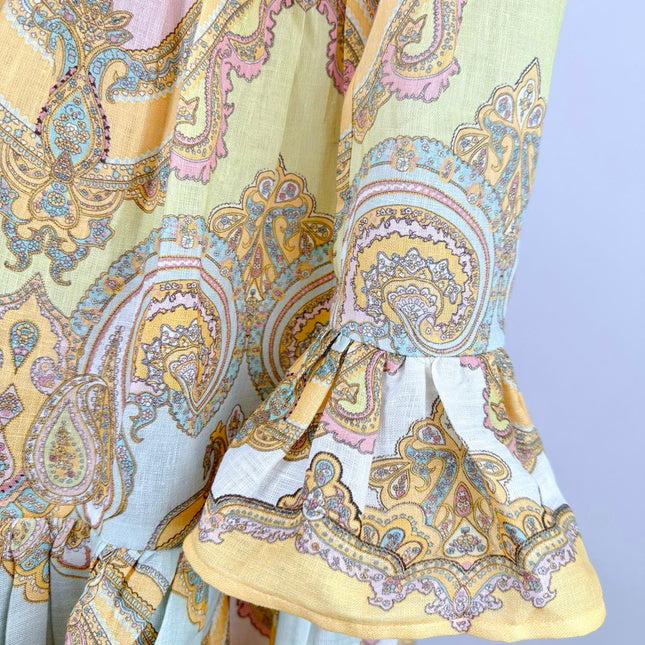 HIGH-NECK LONG-SLEEVE PRINTED DRESS IN PURPLE AND YELLOW