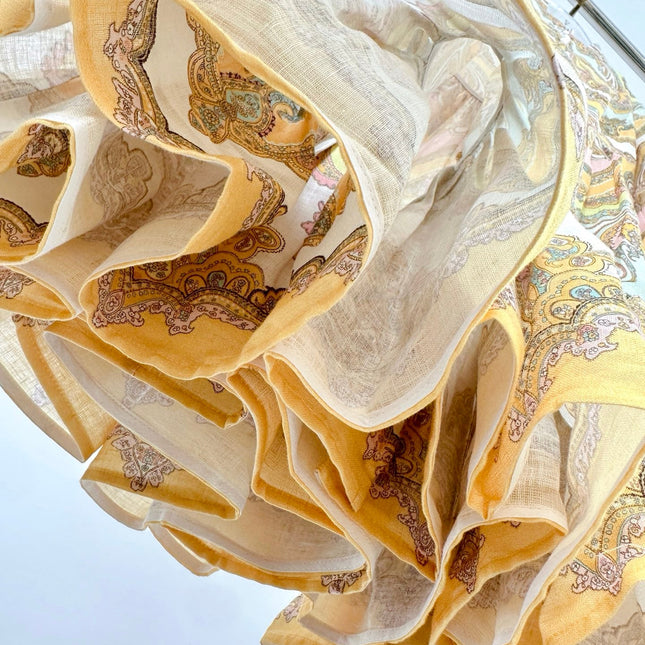 HIGH-NECK LONG-SLEEVE PRINTED DRESS IN PURPLE AND YELLOW