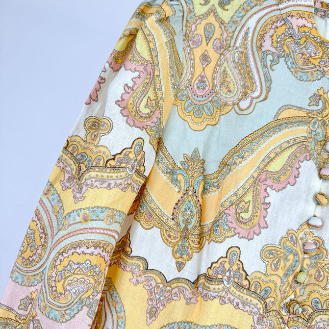 HIGH-NECK LONG-SLEEVE PRINTED DRESS IN PURPLE AND YELLOW