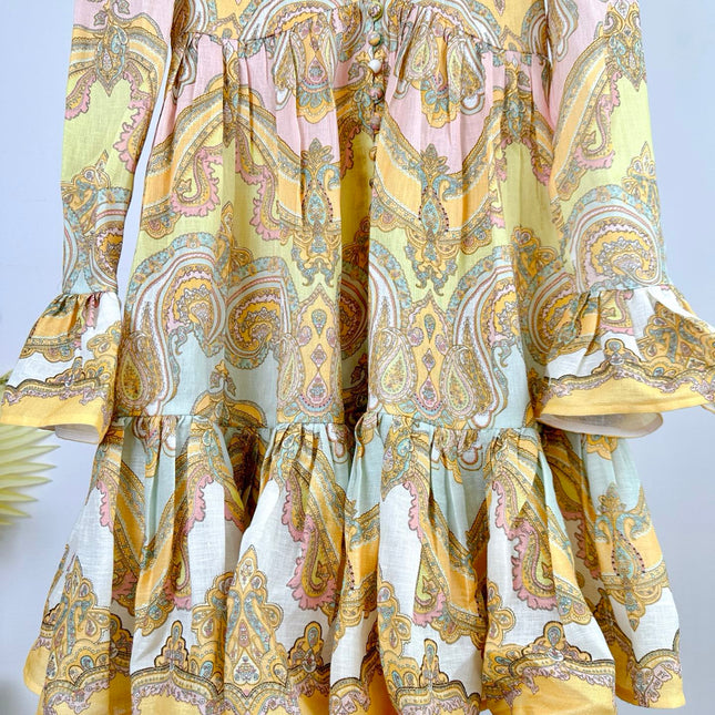 HIGH-NECK LONG-SLEEVE PRINTED DRESS IN PURPLE AND YELLOW