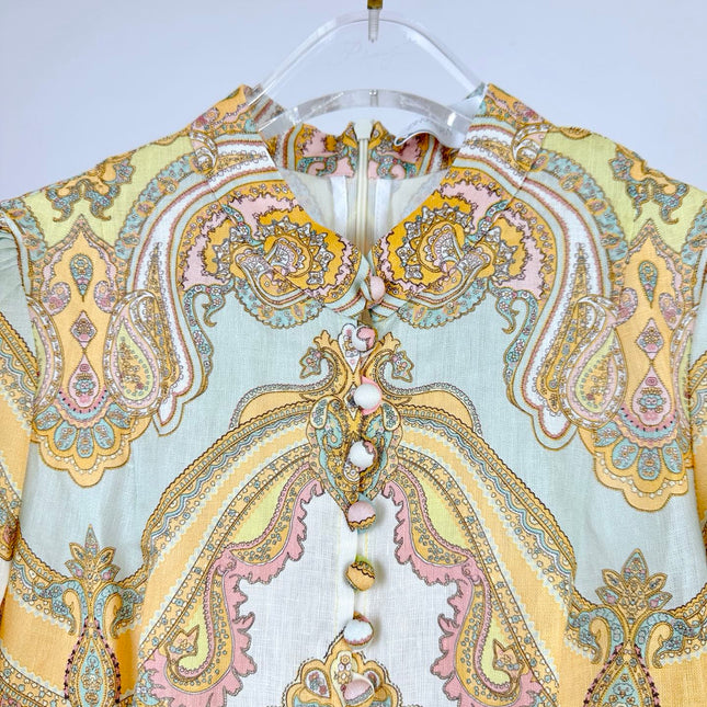 HIGH-NECK LONG-SLEEVE PRINTED DRESS IN PURPLE AND YELLOW