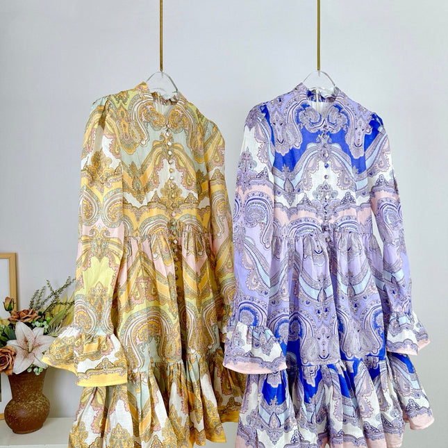 HIGH-NECK LONG-SLEEVE PRINTED DRESS IN PURPLE AND YELLOW