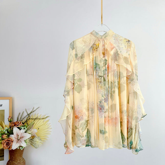 SHEER CHIFFON BLOUSE IN WARM BEIGE WITH RUFFLED COLLAR AND BOW