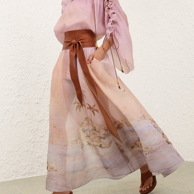 ZIMMER SILK MIDI DRESS IN PASTEL BLUE-GREEN AND LIGHT PURPLE