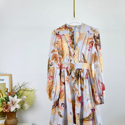 LONG-SLEEVE FLORAL PRINT DRESS