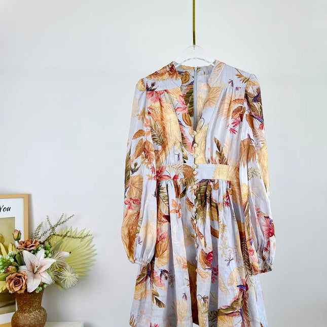 LONG-SLEEVE FLORAL PRINT DRESS
