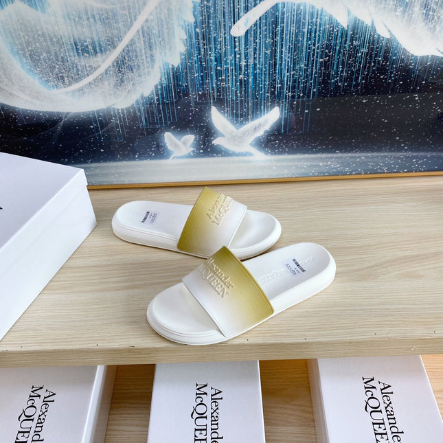 SLIDES SANDAL IN WHITE TPU LIGHT GOLD OMBRE TO WHITE STRAP EMBOSSED LOGO