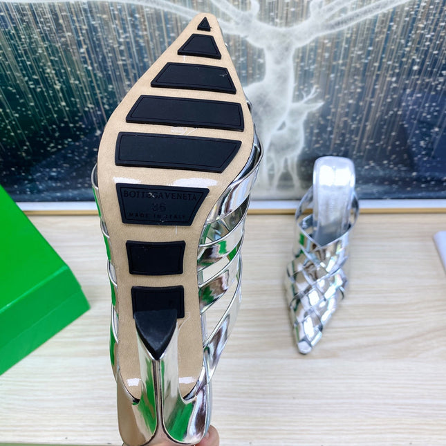 ALFIE LEATHER HIGH MULES IN SILVER PATENT CALFSKIN WITH WOVEN DESIGN