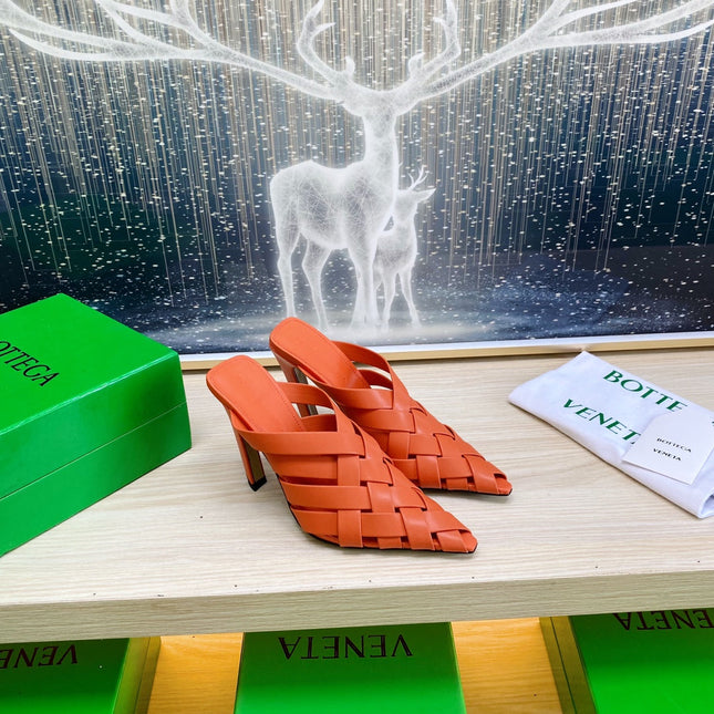 ALFIE LEATHER HIGH MULES IN VIVID ORANGE CALFSKIN WITH WOVEN DESIGN