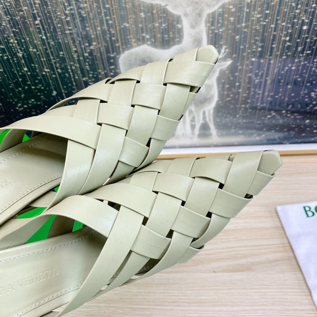 ALFIE LEATHER HIGH MULES IN PEARL GRAY CALFSKIN WITH WOVEN DESIGN