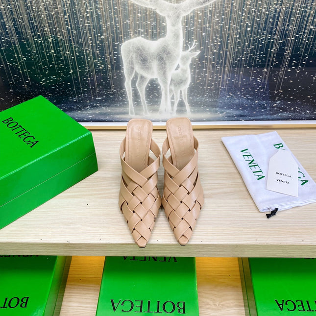 ALFIE LEATHER HIGH MULES IN CAMEL BEIGE CALFSKIN WITH WOVEN DESIGN