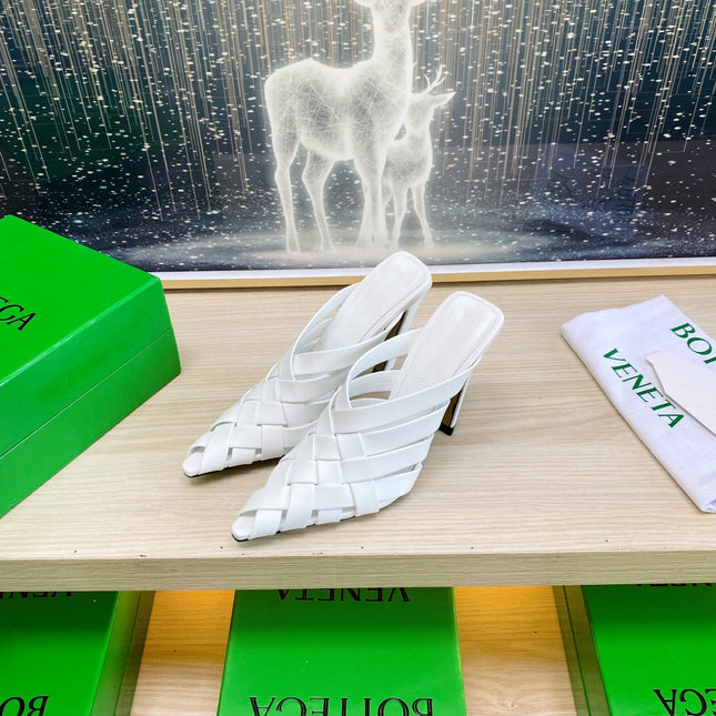 ALFIE LEATHER HIGH MULES IN WHITE CALFSKIN WITH WOVEN DESIGN