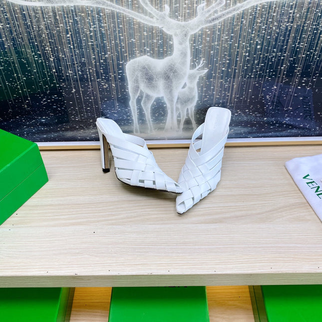 ALFIE LEATHER HIGH MULES IN WHITE CALFSKIN WITH WOVEN DESIGN