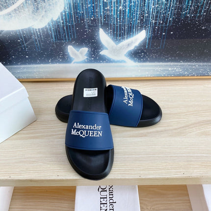 SLIDES SANDAL IN BLACK TPU WITH NAVY BLUE STRAP WHITE EMBOSSED LOGO