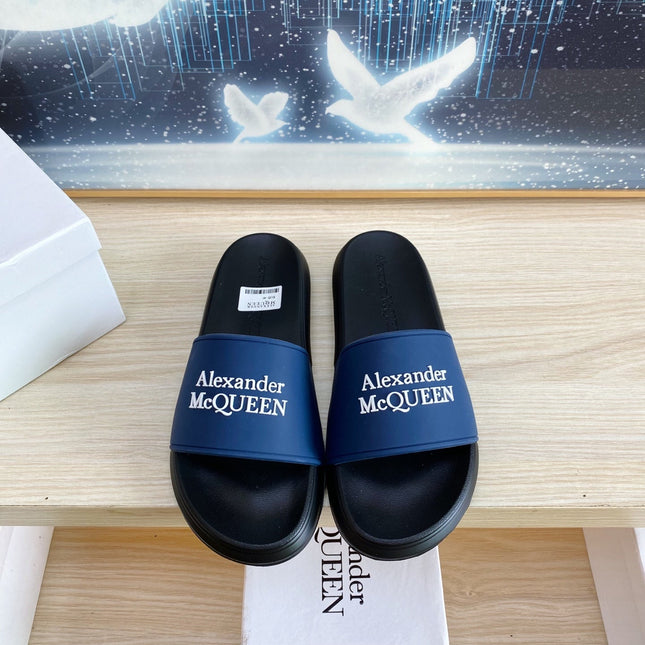 SLIDES SANDAL IN BLACK TPU WITH NAVY BLUE STRAP WHITE EMBOSSED LOGO