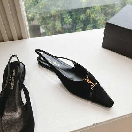 SL BABYLONE SLINGBACK FLAT BLACK SATIN