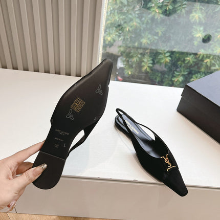 SL BABYLONE SLINGBACK FLAT BLACK SATIN