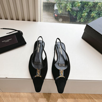 SL BABYLONE SLINGBACK FLAT BLACK SATIN