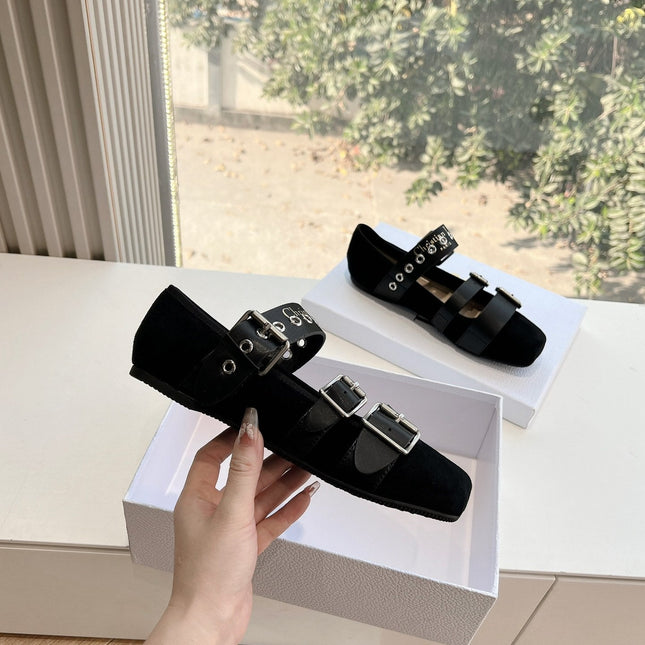 PUNK BALLET FLAT IN BLACK SUEDE AND SUPPLE CALFSKIN