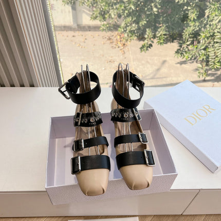 PUNK BALLET FLAT IN BLACK MIX CAMEL BEIGE CALFSKIN