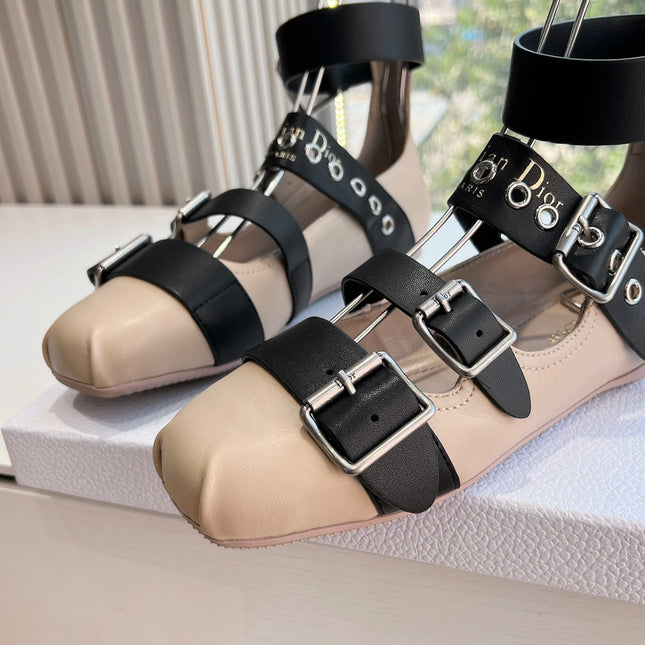 PUNK BALLET FLAT IN BLACK MIX CAMEL BEIGE CALFSKIN