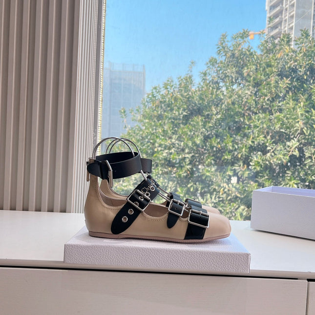 PUNK BALLET FLAT IN BLACK MIX CAMEL BEIGE CALFSKIN