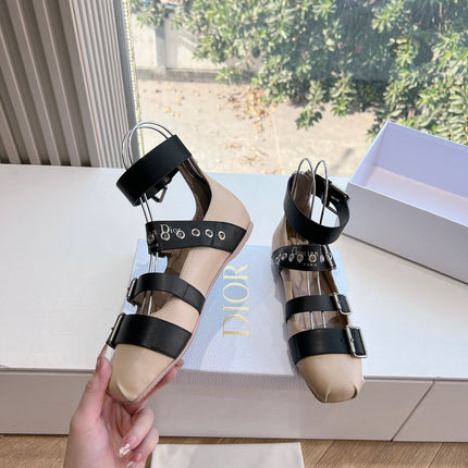 PUNK BALLET FLAT IN BLACK MIX CAMEL BEIGE CALFSKIN