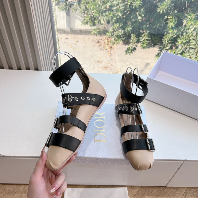 PUNK BALLET FLAT IN BLACK MIX CAMEL BEIGE CALFSKIN