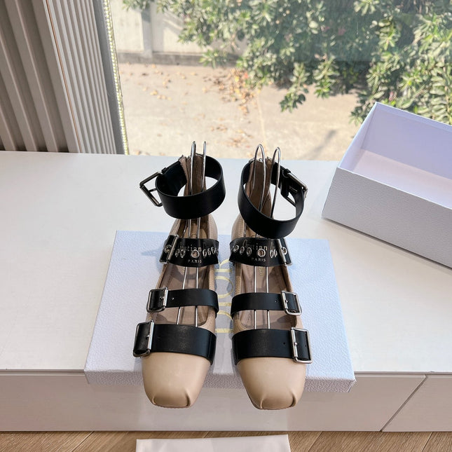 PUNK BALLET FLAT IN BLACK MIX CAMEL BEIGE CALFSKIN