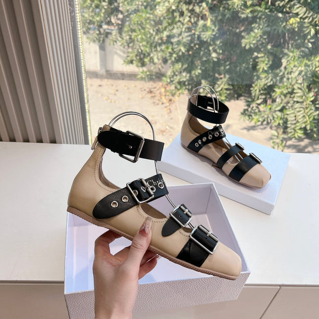 PUNK BALLET FLAT IN BLACK MIX CAMEL BEIGE CALFSKIN