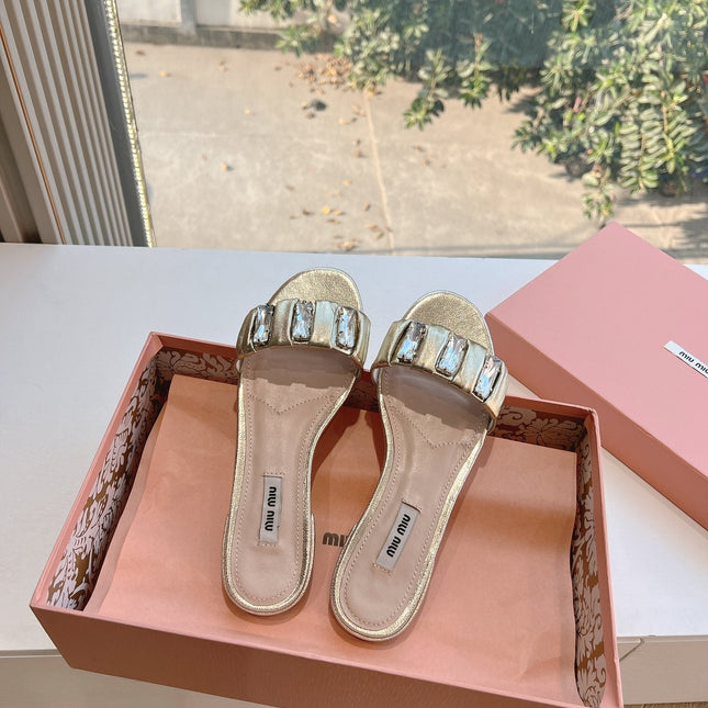 SLIDE SANDALS ATTACHED DIAMOND IN GOLD METALLIC LAMBSKIN