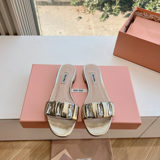 SLIDE SANDALS ATTACHED DIAMOND IN GOLD METALLIC LAMBSKIN