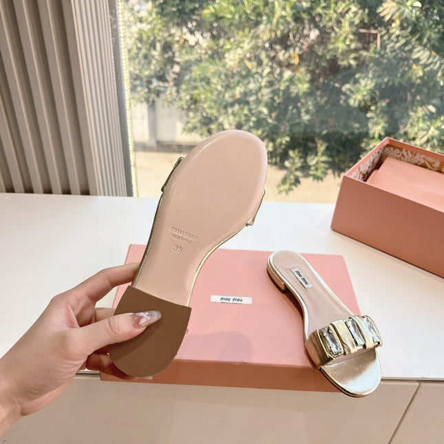 SLIDE SANDALS ATTACHED DIAMOND IN GOLD METALLIC LAMBSKIN