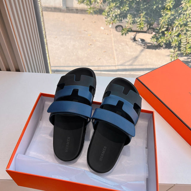 CHYPRE SANDAL IN AEGEAN BLUE MIX BLACK CALFSKIN