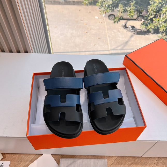 CHYPRE SANDAL IN AEGEAN BLUE MIX BLACK CALFSKIN