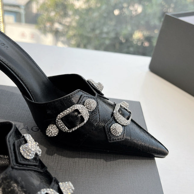 CRYSTAL BUCKLE BLACK WAX-OIL SHEEPSKIN HEELED MULES