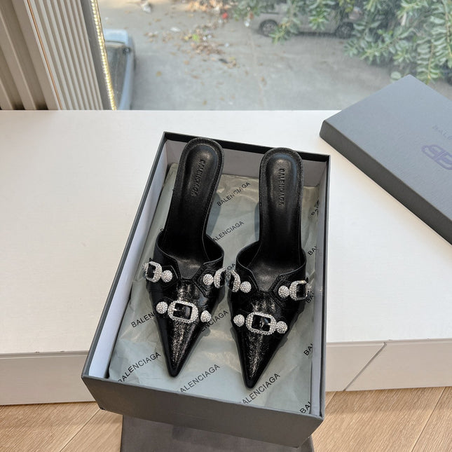 CRYSTAL BUCKLE BLACK WAX-OIL SHEEPSKIN HEELED MULES