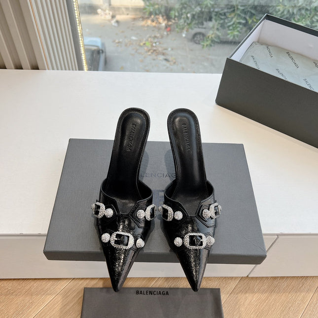 CRYSTAL BUCKLE BLACK WAX-OIL SHEEPSKIN HEELED MULES