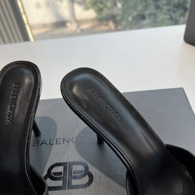 CRYSTAL BUCKLE BLACK WAX-OIL SHEEPSKIN HEELED MULES