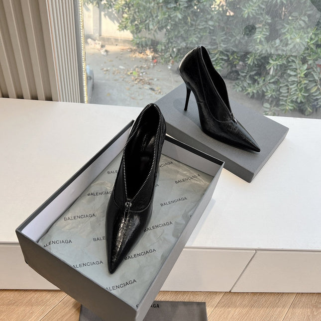 ZIPPER POINTED-TOE HIGH PUMPS IN BLACK WAX-OIL SHEEPSKIN