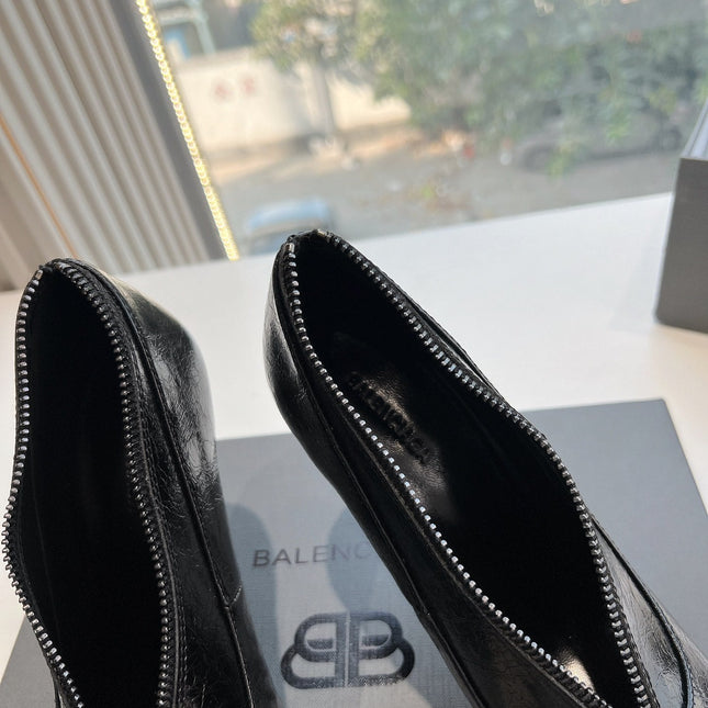 ZIPPER POINTED-TOE HIGH PUMPS IN BLACK WAX-OIL SHEEPSKIN