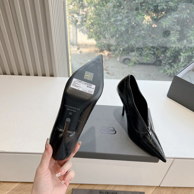 ZIPPER POINTED-TOE HIGH PUMPS IN BLACK WAX-OIL SHEEPSKIN